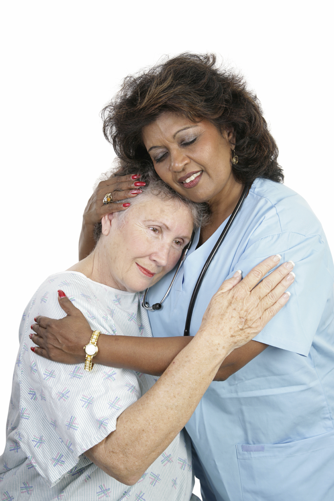A loving medical professional comforting an elderly woman.  Isolated on white.